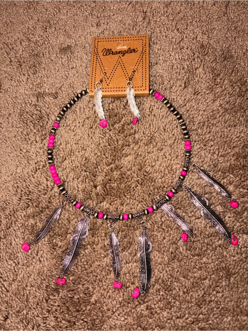 Wrangler Silver Feather Necklace with Hot Pink Beads